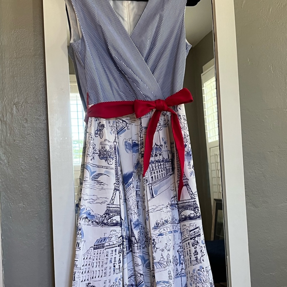 ‘Paris’ theme Dress in Blue & White with Red Belt